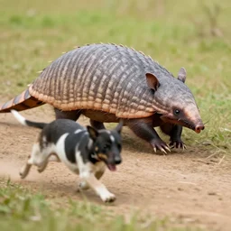an armadillo chasing a dog