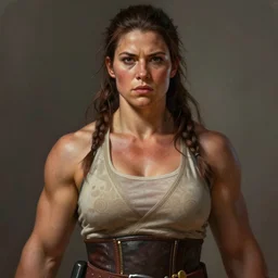 painted portrait of rugged thick very [ roided ] and [ veiny ] beautiful female weightlifter [ lara croft ], big wide face, long hair, upper body, strong pectorals, robe fantasy intricate elegant highly detailed digital painting, artstation, concept art, smooth, atmospheric lighting sharp focus illustration art by craig mullins greg rutkowski