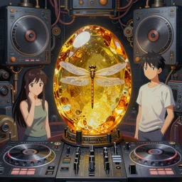 surreal gouache painting, by yoshitaka amano, by ruan jia, by Conrad roset, by good smile company, detailed anime 3d render of big transparent amber stone  with a  magical dragonfly inside.  dragonfly inside  an amber stone,  amber stone on the Dj mixer, Surrounded by a big DJ Mixer, Controller deck,  portrait, cgsociety, artstation, rococo mechanical and Digital  and electronic, dieselpunk atmosphere