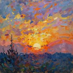 an impasto oil painting of a stunning, colorful sunset painted by claude monet, complementary colors, golden ratio