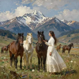 scenic western mountain landscape with wild horses and a woman in a long white traditional dress, Asher Brown Durand, oil on canvas, beautifully daylight, artstation