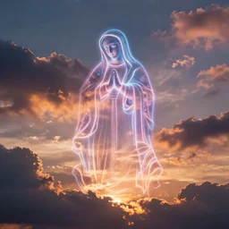 sunset clouds blending into shape of luminescent virgin mary portrait hologram
