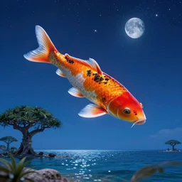 big koi fish swimming in the sky over moonlit socotra island with dragon trees, starry night, sharp focus, wide shot, trending on artstation, masterpiece, by greg rutkowski, by ross tran, by fenghua zhong, octane, soft render, ultrarealistic, colorful, cinematic, midsommar