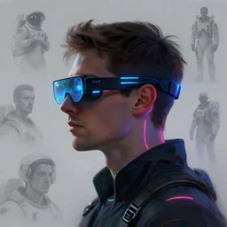 sillouete side view future coder man, sleek cyclops display over eyes and glowing headset, neon accents, holographic colors, desaturated headshot portrait digital painting by philip coles, ivan bilibin, dean cornwall, john watkiss, john berkey, astronaut cyberpunk electric lights profile