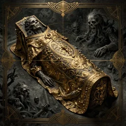 burial shroud, nightmare horror, highly detailed and intricate, golden ratio, muted colors, hypermaximalist, ornate, luxury, elite, horror, creepy, ominous, haunting, matte painting, cinematic, cgsociety, james jean, brian froud, ross tran, dark muted colors, top light, cinematic, art deco border,