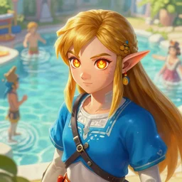 beautiful zelda, fire in eye, snow glow, pool party, highly detailed, digital painting, artstation, sharp focus, illustration, art by tan zi and ayanamikodon and alphonse mucha and wlop