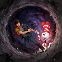 a person clinging onto a man beside him as he's being dragged into a cosmic hole. digital art pastelpiece masterpiece trending on artstation by noel fielding, beeple, james gunn, gorillaz, marvel studios and dr seuss.
