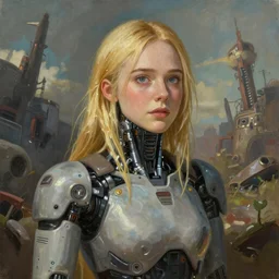 An oil painting of Elle Fanning, with cybernetics, in a post apocalyptic setting, ghibli, unreal 5, DAZ, hyperrealistic, octane render, RPG portrait, dynamic lighting