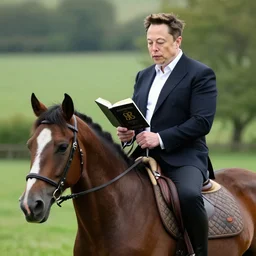 elon musk riding a horse while reading a book, hd photograph