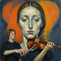 violinist thinking of her performance by vincent lefevre and hernan bas and pat steir and hilma af klint, psychological, photorealistic, symmetrical face, dripping paint, washy brush, threads, rendered in octane, altermodern, masterpiece