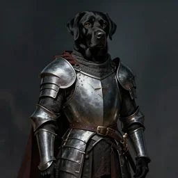 black labrador wearing medieval suit of armor, illustration, concept art, art by wlop, dark, moody, dramatic
