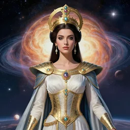 portrait of the powerful empress of the solar system in the style of pablo amaringo. glowing, ornate and intricate linework, sharp focus, depth of field, stunning, dynamic lighting, ultrafine and hyperdetailed.