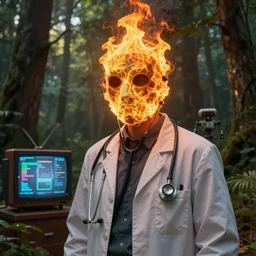 An album cover, (fire), mask, stethoscope!, (doctor), 3d render, robot!, TV, (unreal engine), (rust), photograph, portrait, painting, forest