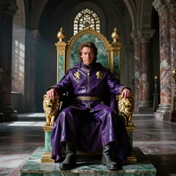 Film still of Christopher Walken as Emperor Shaddam IV (Dune) sitting on a throne at the end of a dark long Romanesque marble-hall, volumetric sunlight shines through ornate windows casting shadows,  throne made of green quartz and gold with lion-shaped-arm-rests, Christopher Walken is wearing ornate Tyrian-purple regal leather uniform with two lion-pins made of gold, dark atmospheric lighting, highly detailed, cinematography by Ridley Scott