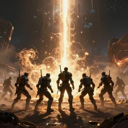 paint a sci - fi battle epic scene as sd ai and tom bagshaw would paint it, epic scene on planet surface, glowing light and shadow, cinematic lighting, unreal engine, atmospheric, god lighting