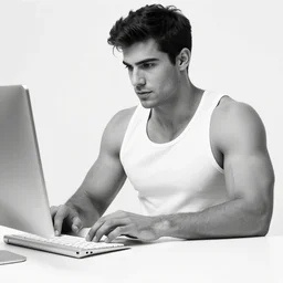 muscular handsome man, sharp jawline, writing on computer, blanc and white photograph