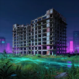 a beautiful very detailed illustration of blockhouse unfinished building urbex nature city architecture abandoned by adolf loos, tron synthwave cyberpunk at night bladerunner 2 0 4 9 thermal imaging meadow laser lake neon signs vaporwave nature magic realism, archdaily, wallpaper, highly detailed, trending on artstation.