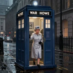 Digital illustration of Queen Elizabeth II stepping out of the Tardis on a dark rainy London street, trending on artstation