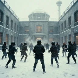 film still of a futuristic prison riot in the snow by wes anderson