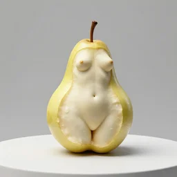 a sculpture of a bitten pear that looks like a woman's body, on a white table, in the style of dominique rayou, 3 d render