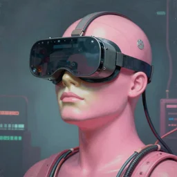 alex gross, award winning masterpiece with incredible details, a surreal vaporwave vaporwave vaporwave vaporwave vaporwave painting of an old pink mannequin head wearing vr goggles with cables and wires coming out of it's neck, highly detailed