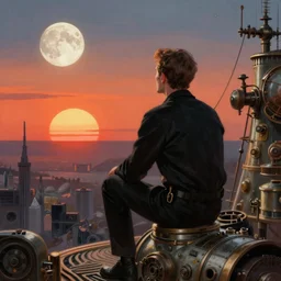 man watching sunrise, moon, 1 9 5 0 s scifi, meninblack, steampunk, walter sickert, earl norem, hyper realistic, artstation, illustration, digital paint, matte paint, vivid colors, detailed and intricate environment