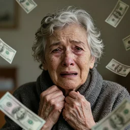 close up portrait of a solitary old underweight lady is crying because she is so cold, burning money floats in the air, hyper realistic photo, full colour, kodak porta 4 0 0, upscale, 8 k, masterpiece,