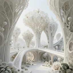 beautiful scifi futuristic biophilic city with fractal modular pods, arches, bridges, blooms, vincent callebaut composition, iris van herpin, elegant lace haute couture broad embroidered leaved trees, minimalist, porcelain magnolia fluid fractal nebula, rhizomorph, soldier lichen, soft light, puffballs, brackets lic