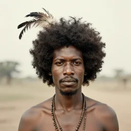 very old photo depicting a black native man with afro and feathers in hair, photographed by thomas easterly, full frame,,