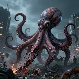 a beautiful high - quality photo of an octopus - like entity of pure darkness devastating a solarpunk city, devouring happiness and souls, dismembering people, body horror, cosmic horror, volumetric lighting, hyperrealistic, very detailed, 8 k
