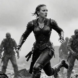 black and white scarlett johansson wearing rain soaked armour in the pouring rain, running from zombies in frank frazetta manga style, hyper realism, pencil and ink, full body action pose, dynamic lighting in a post apocalyptic city, at night with dramatic moonlight, drawn with added movement effects, cinematic effects vfx, dynamic angle