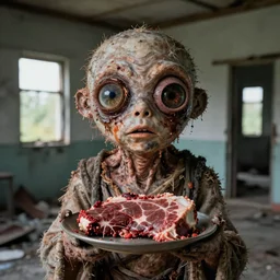 1 9 7 0 s photography, real meat and rotten eyes humanoid creature in abandoned house