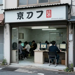 an exterior of an abandoned internet cafe in japan, with the japanese sign and art of people playing computers