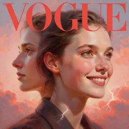 3 d, sci - fi, morning, happy fashion model face, sun, cinematic, face 3 / 4, lightning, clouds, vogue cover style, stanley kubrick, light red and orange mood, realistic painting, intricate oil painting, high detail, figurative art, multiple exposure, poster art, 3 d, by tooth wu and wlop and beeple and greg rutkowski