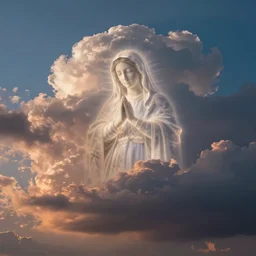 very faint luminescent virgin mary portrait in form of cloud with dramatic sunset cloud shadow