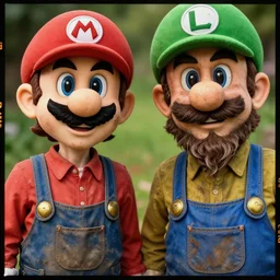 far view, extremely skinny malnourished mario and luigi with long beard, wearing dirty overalls, dirty greasy face, grin, portrait, close up, kodak gold 2 0 0, 5 0 mm,