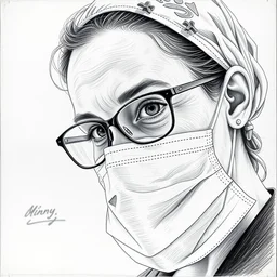 cinematic mid shot of a high detail, vivian dorothy maier, with surgical mask. where's wally, line drawing by van gogh