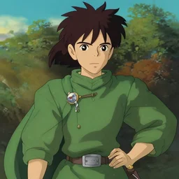 peregrin took from the anime lord of the rings (1986), dark hair, green cape, studio ghibli, very detailed, realistic
