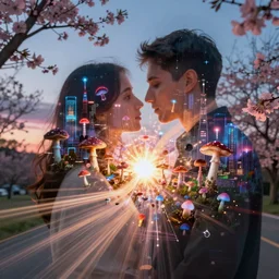 double exposure of dally life, symbols of live, explosion, cyber mushroom city, mushroom matrix, love is the most relevant theme, 8 k resolution, artistic mode, artistic, trending on instagram, long exposure, love art, serious, fantasy and dreams vibes, mushrooms style and macro style, spring vibes in twilight or sunset lights