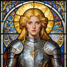 head-on symmetrical centered painted portrait, Elisha Cuthbert as a paladin, blonde hair, golden halo behind her head, ornate iron armour, art nouveau, fantasy, masterpiece stained glass, intricate, elegant, highly detailed, smooth, sharp focus, illustration, artstation, in the style of Artgerm and Anna Podedworna and Edgar Maxence and Alex Ross and Mucha