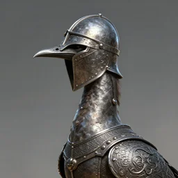 long - necked avian wearing a medieval full - coverage metal helmet, intricate metalwork, digital art