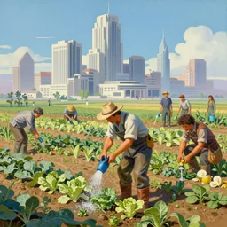 a mixed media colseup portrait painting of a gardener watering a field of vegetable crops, minimalist, a ruined futuristic art deco city sits in the distance, by frank frazetta, greg rutkowski, beeple, yoko taro, christian macnevin, beeple, wlop and krenz cushart, epic fantasy character art, volumetric outdoor lighting, high fantasy, cgsociety, cheerful colours, full length, exquisite detail, post - processing, masterpiece, cinematic