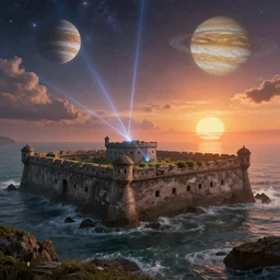 a beautiful detailed illustration of nature urbex sea fort by john william casilear, biopunk magic realism nature laser cosmic morning sun sunset elysian jupiter, archdaily, wallpaper, highly detailed, trending on artstation.