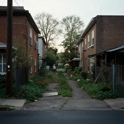 liminal poor neighborhood, overgrown, photo taken from the street