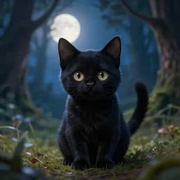 little black cat in the fantasy forest, shining in the moonlight