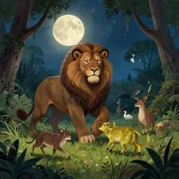 happy eden night grand beast stalking prey jungle fantasy illustration sharp focus moonlit vista starlight painted ruan jia raymond swanland lawrence alma tadema zdzislaw beksinski norman rockwell tom lovell alex malveda greg staples
