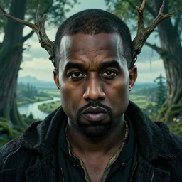 an ultra realistic, cinematic, headshot portrait, of an evil tree wizard, kanye west, branches, facial features, background of a vast serene landscape, with trees and rivers, detailed, deep focus, movie still, dramatic lighting, ray tracing, by michal karcz and yoshitaka amano