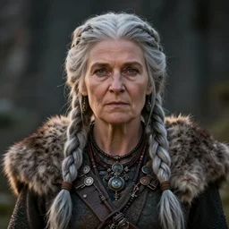 Old viking woman with braids in gray hair wearing fur and jewelry :: very detailed, symmetric, unreal engine, rim-light