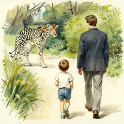 rear view of a young boy, a woman and a man, walking in a zoo, sketch by norman rockwell
