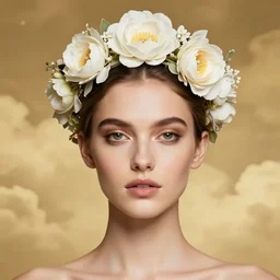 beautiful female supermodel wearing bridal flower crown close up portrait symmetrical front, by amy leibowitz, wlop, jeremy lipkin, beeple, intricate, artgerm, ilya kuvshinov, golden clouds background, centered